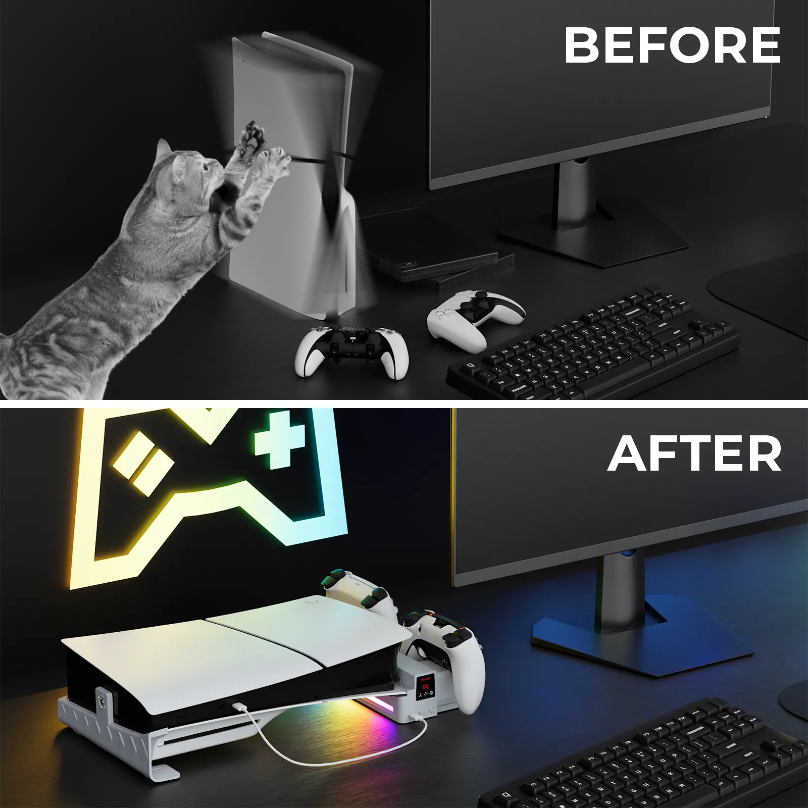 Before and after comparison showing a cleaner and more stable PS5 setup with a horizontal stand