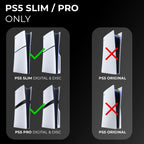 Compatibility chart showing this horizontal stand fits PS5 Slim and PS5 Pro, not the original PS5