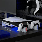 PS5 Slim / Pro horizontal stand in a clean gaming desk setup with controller charging