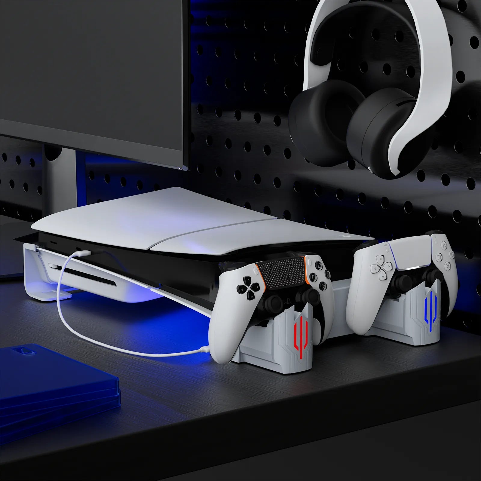 PS5 Slim / Pro horizontal stand in a clean gaming desk setup with controller charging