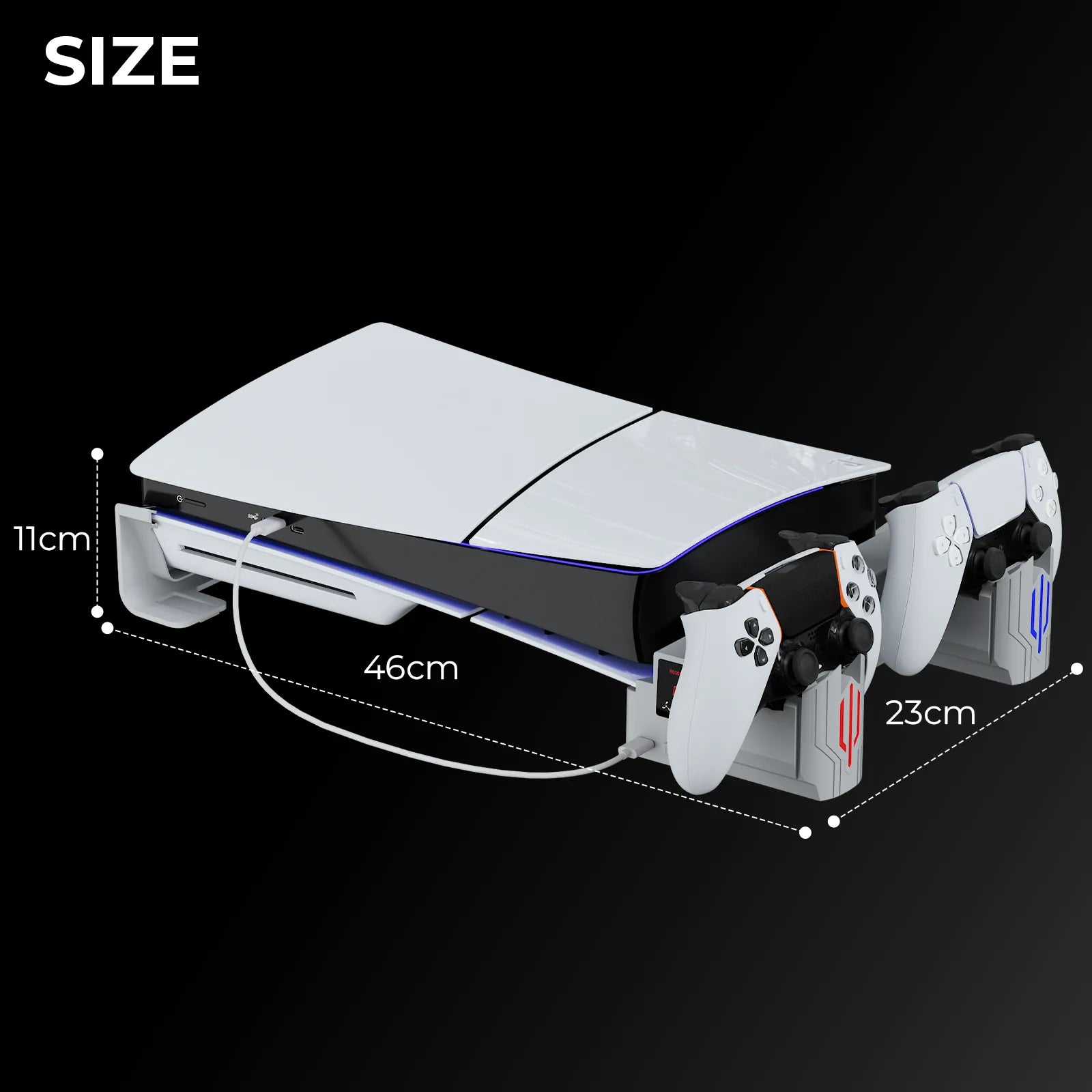 PS5 Slim / Pro horizontal stand size dimensions 46 cm by 23 cm by 11 cm