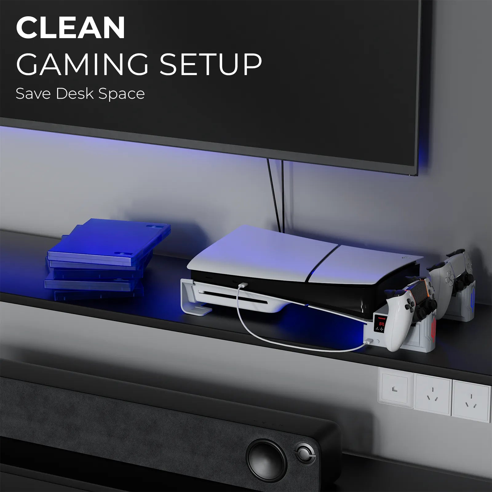 Space-saving PS5 Slim / Pro horizontal stand for a clean TV console gaming setup