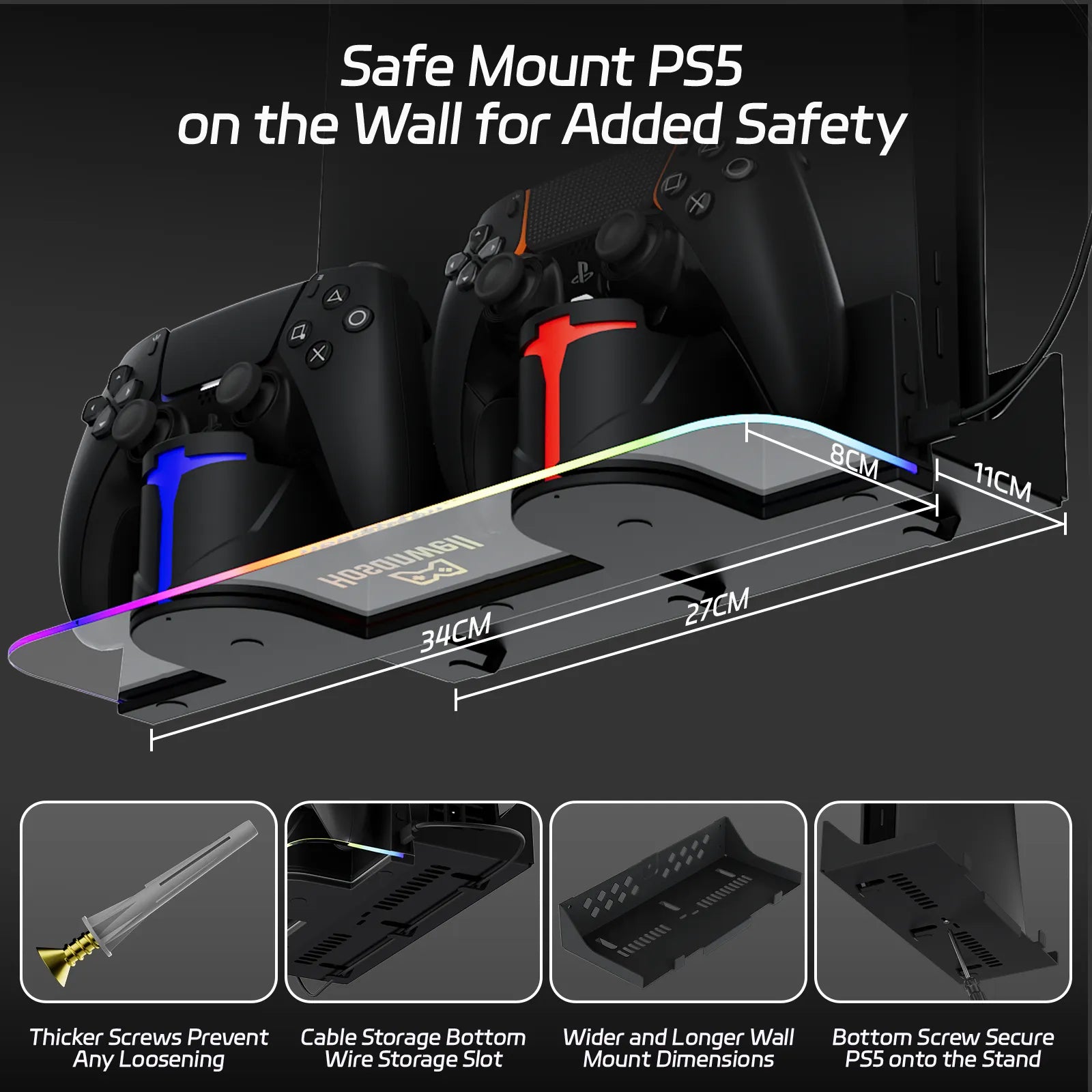 Hosanwell Black PS5 Wall Mount Kit for Dark Gaming Setups