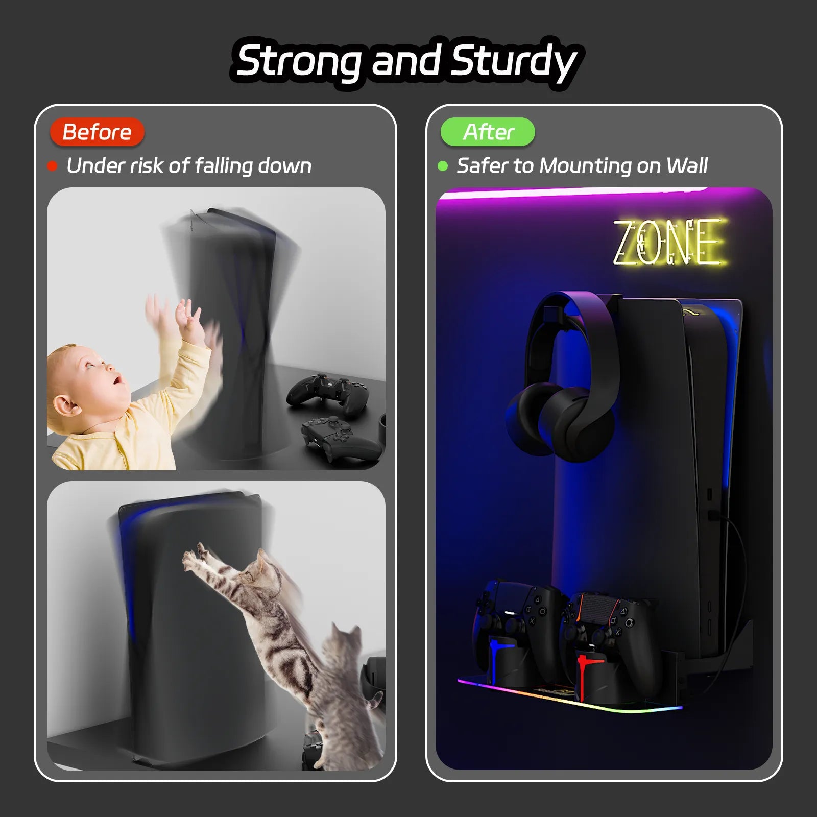 Hosanwell Black PS5 Wall Mount Kit for Dark Gaming Setups