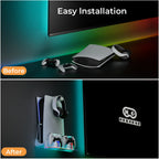 Before and after PS5 wall mount setup showing a cleaner gaming desk with Hosanwell organizer