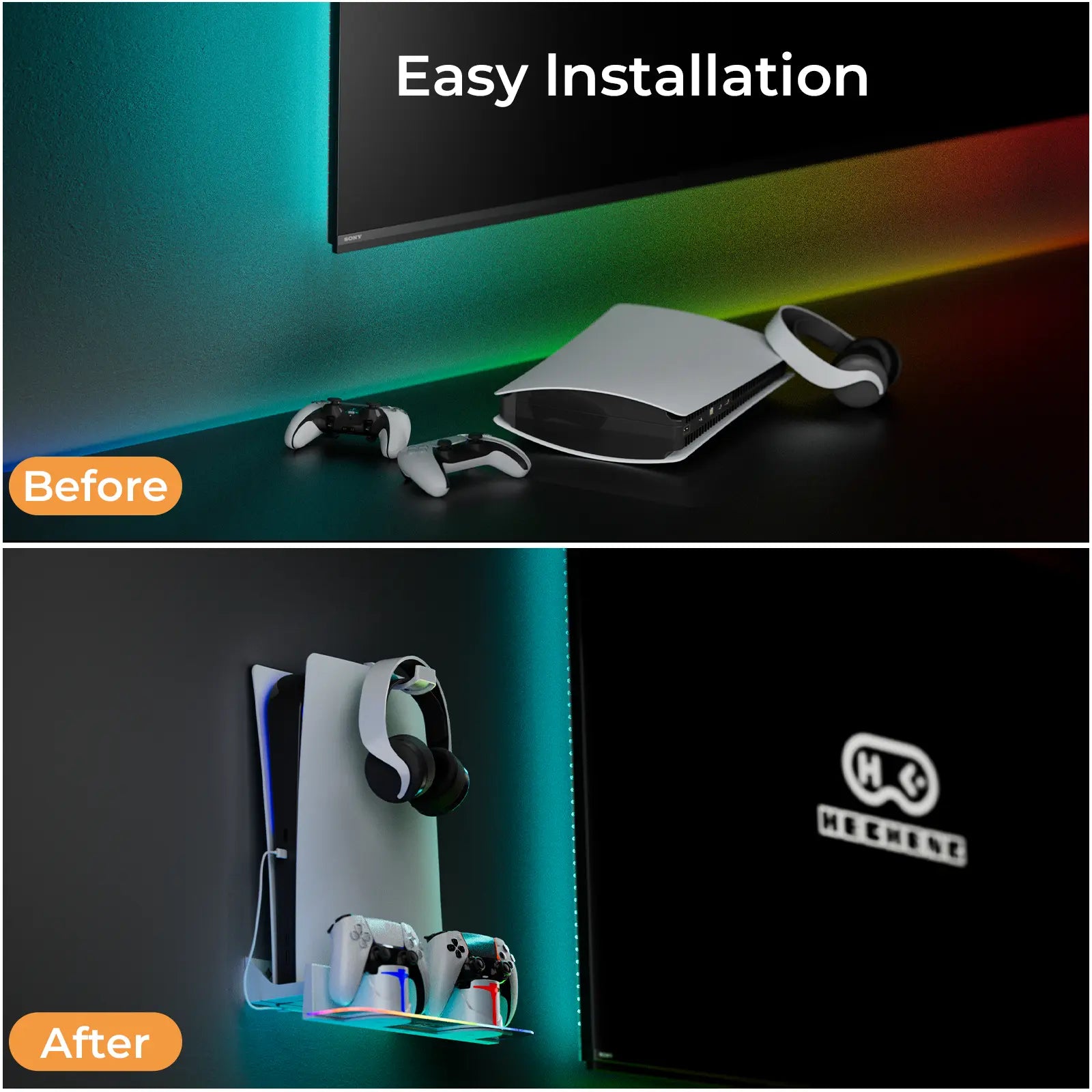 Before and after PS5 wall mount setup showing a cleaner gaming desk with Hosanwell organizer