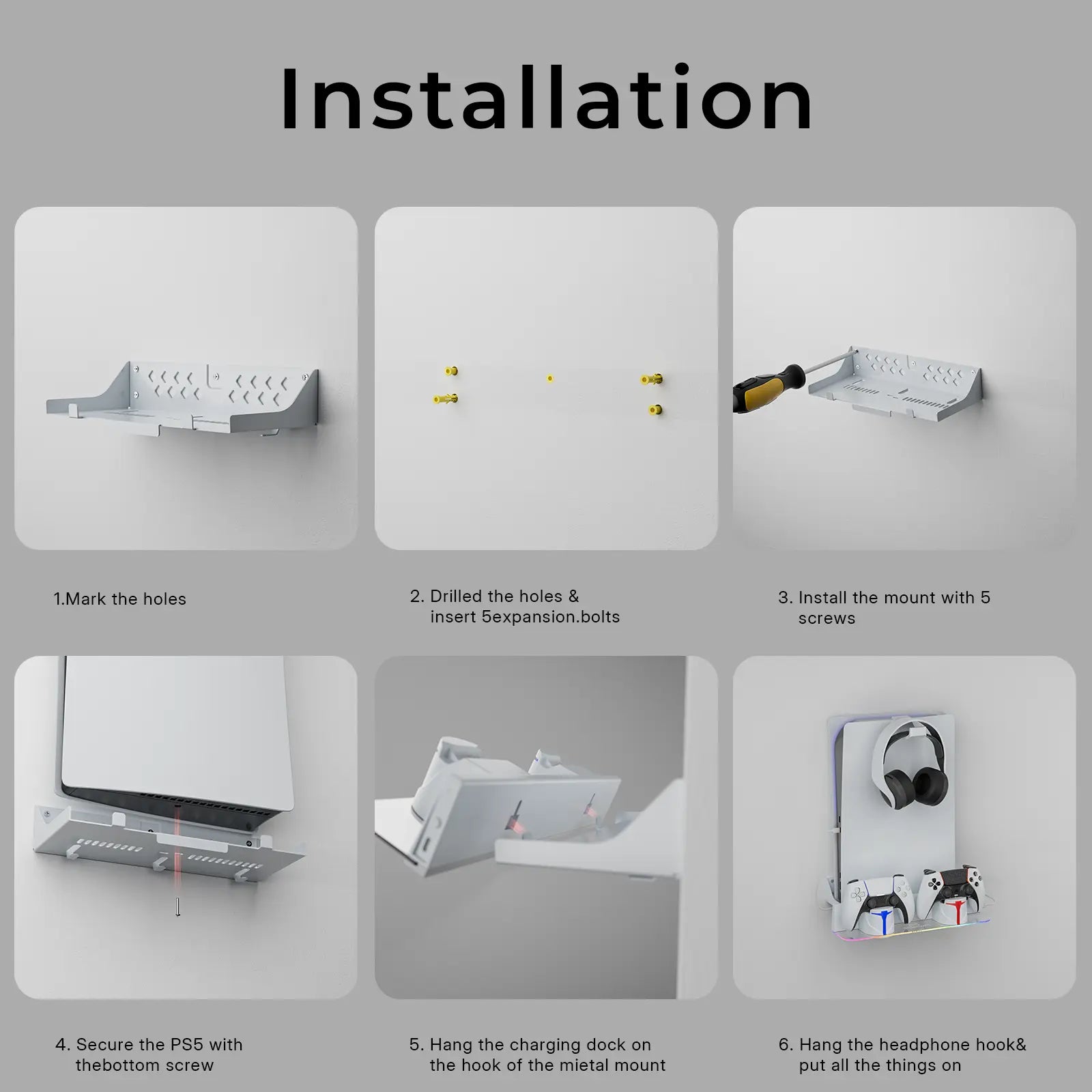 Step by step installation guide for Hosanwell PS5 wall mount kit with charging station