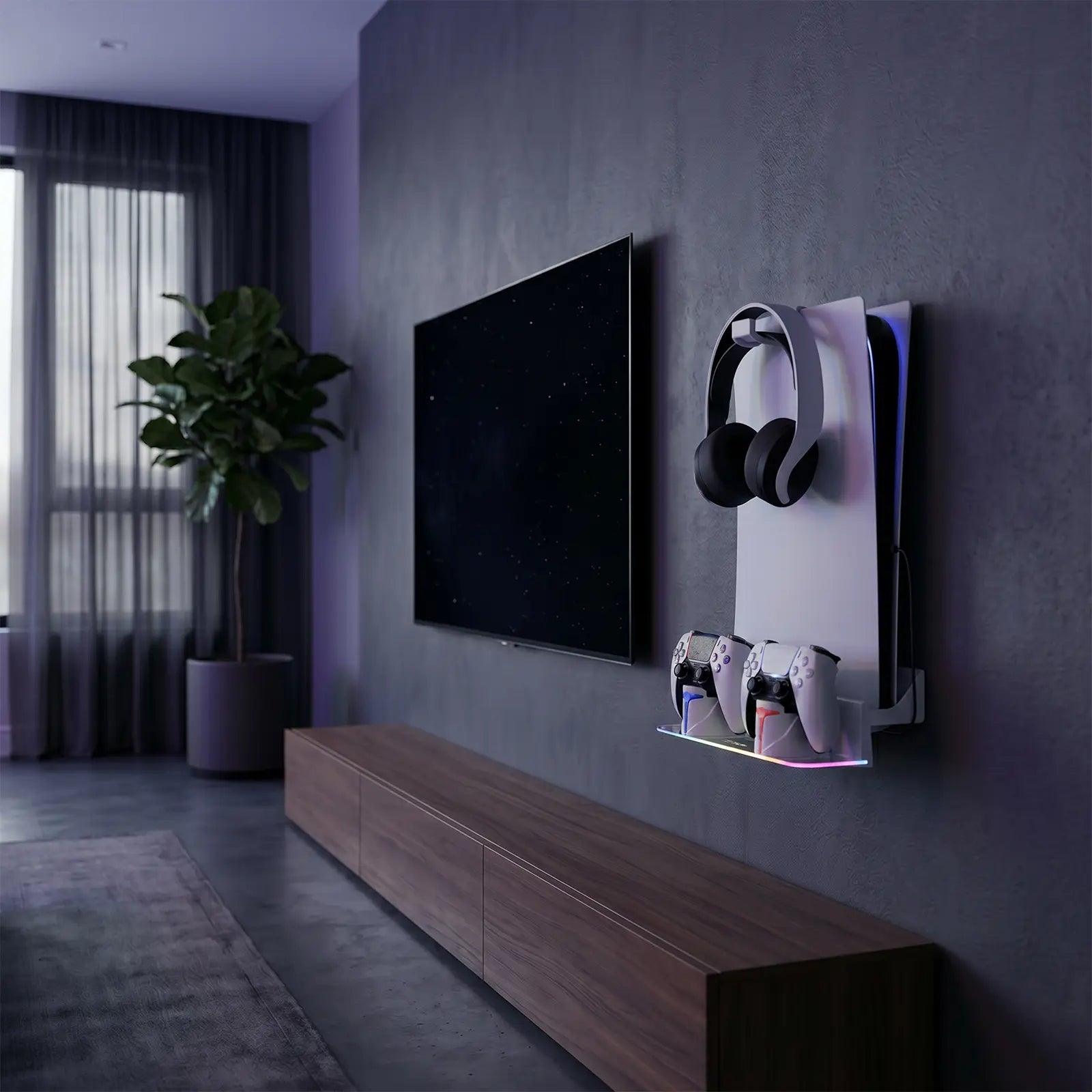 Wall mounted PS5 gaming setup with Hosanwell charging station, headset holder and RGB lighting