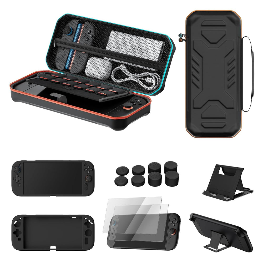 HOSANWELL 13-in-1 accessories kit for Nintendo Switch 2 with hard carrying case, silicone cover, screen protectors, thumb grips, and stand