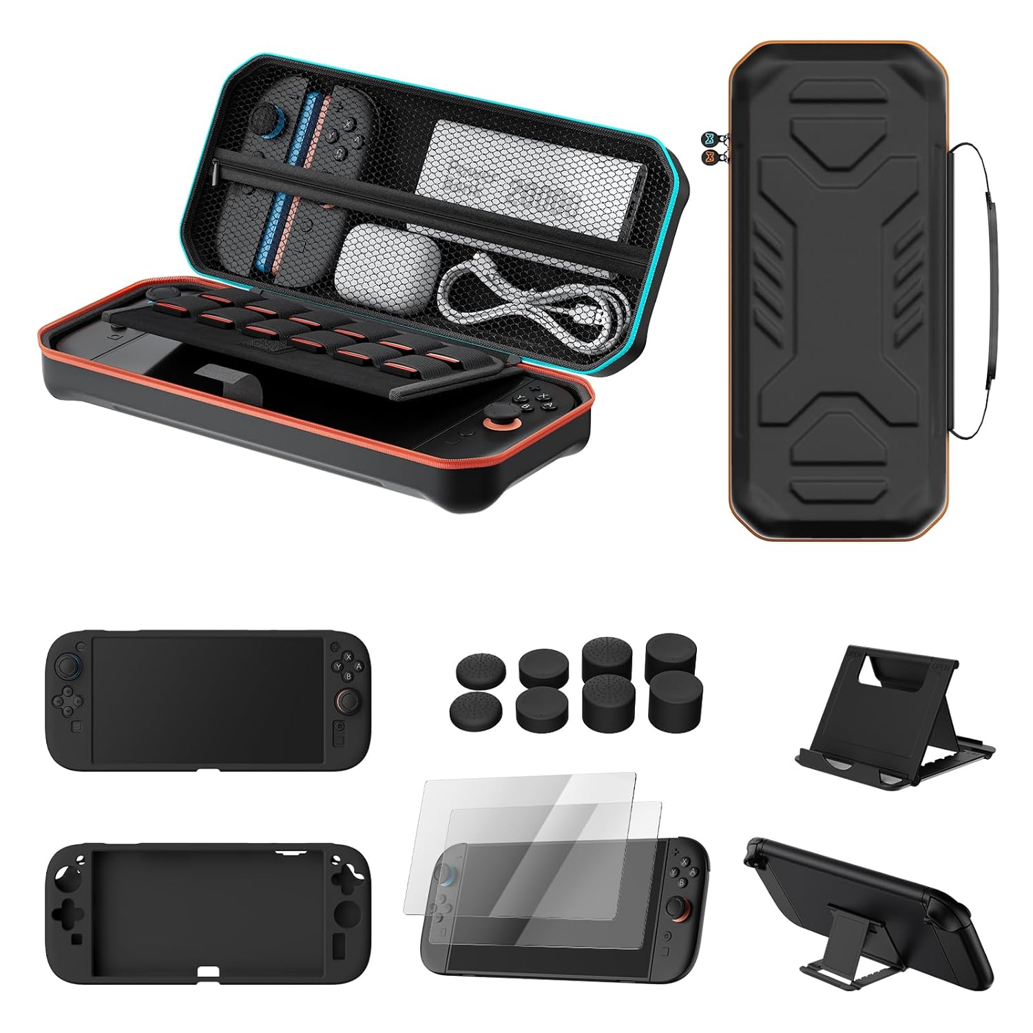 HOSANWELL 13-in-1 accessories kit for Nintendo Switch 2 with hard carrying case, silicone cover, screen protectors, thumb grips, and stand