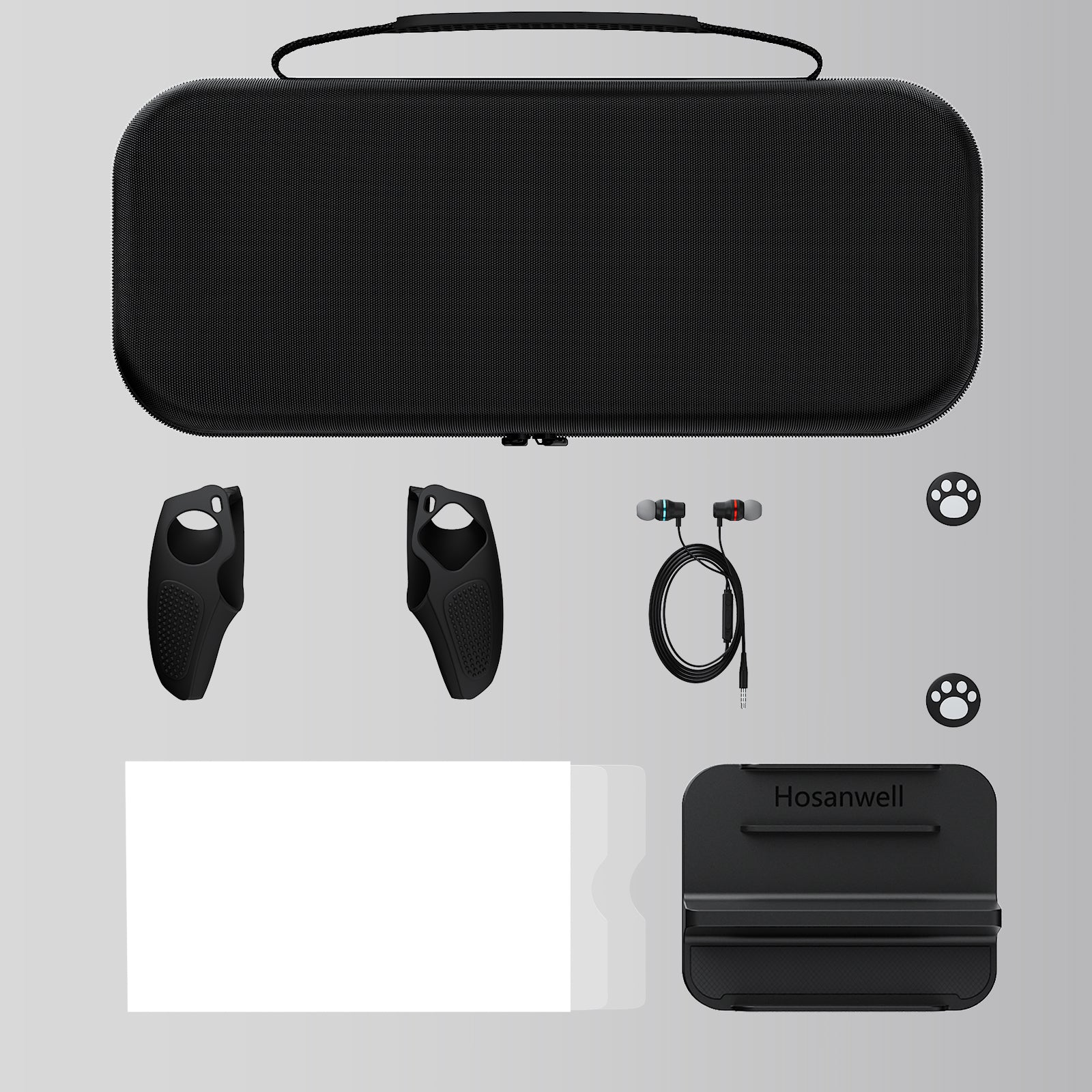 HOSANWELL 9-in-1 PlayStation Portal kit contents with carrying case, grip covers, screen protectors, stand, wired earbuds and thumb grips