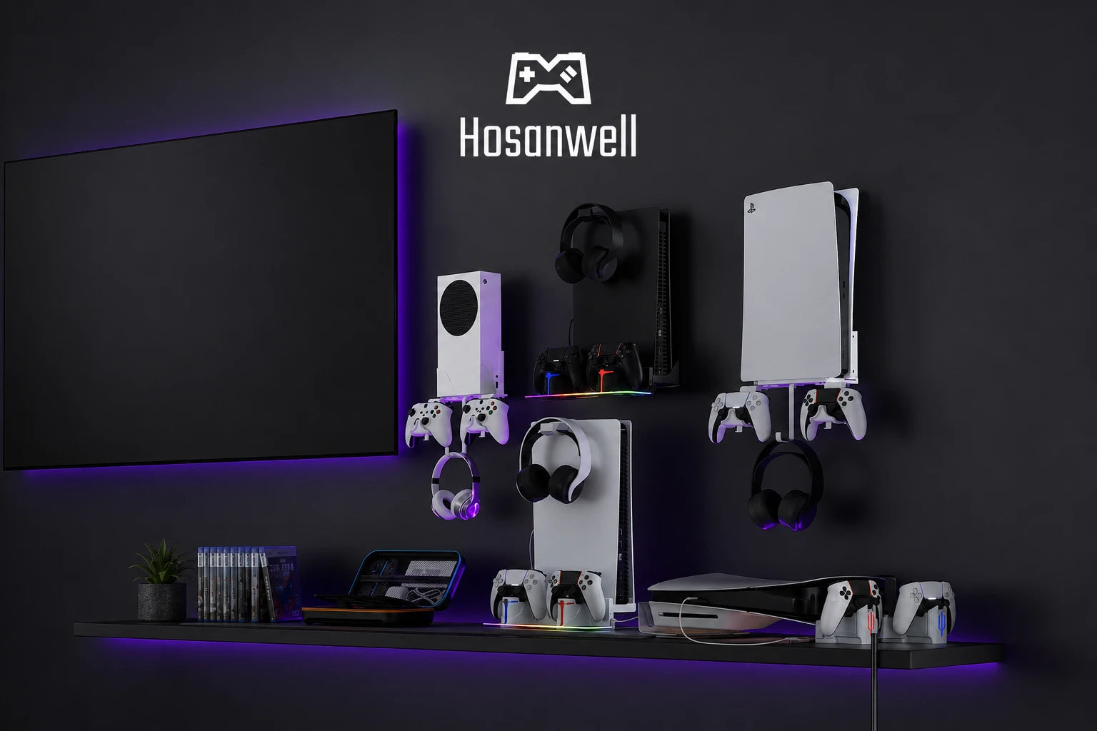 HOSANWELL PS5 wall mount accessories collection for organized gaming setups