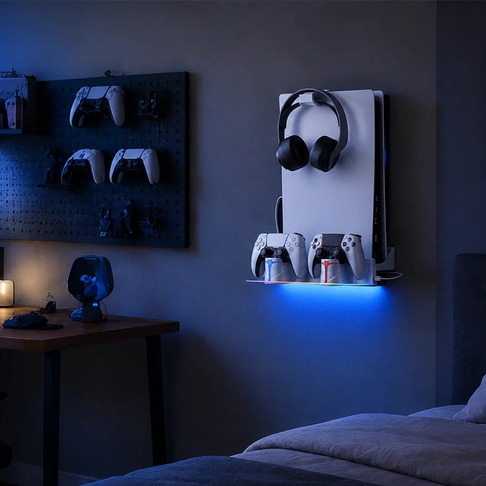 HOSANWELL PS5 wall mount with controller charging and headset storage for bedroom gaming setup