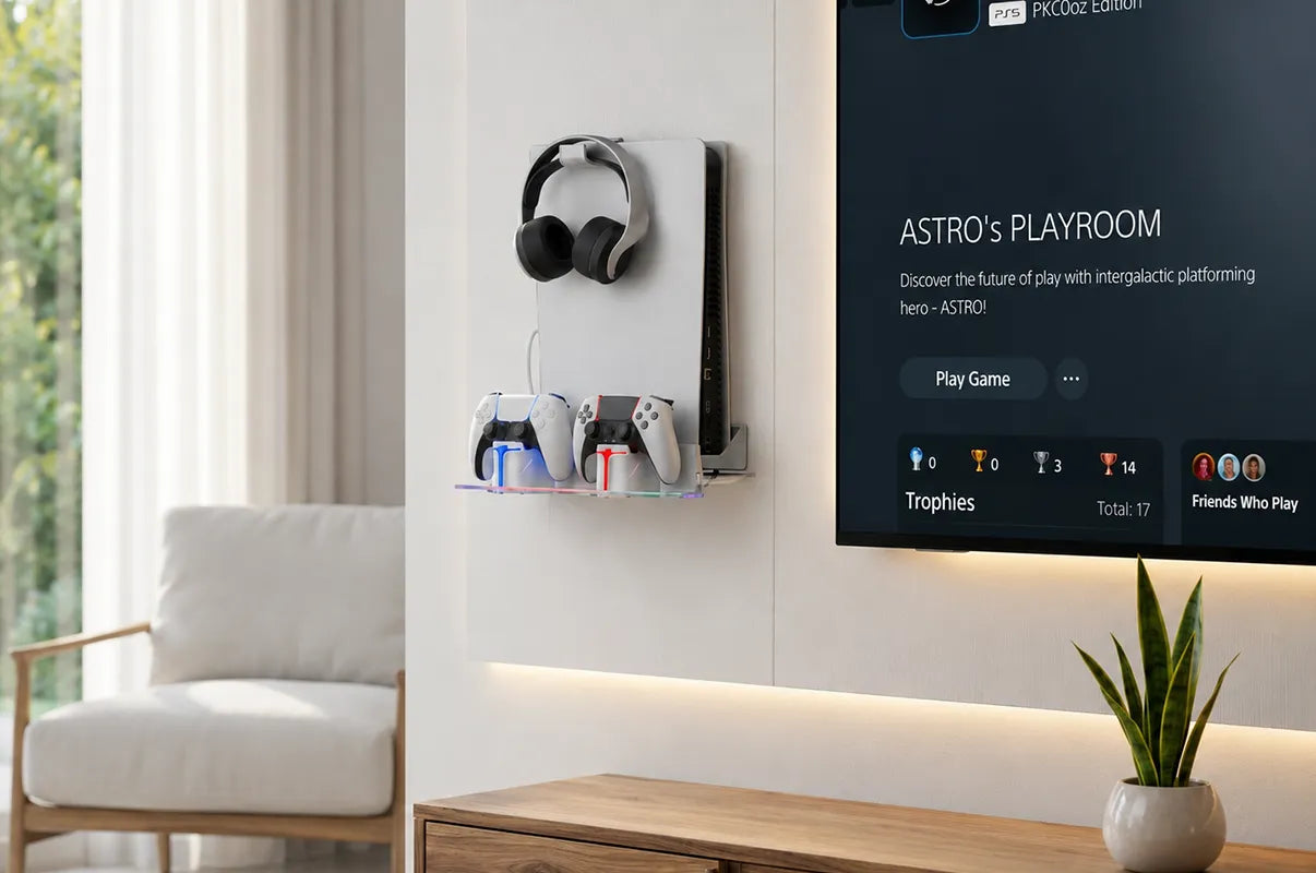 HOSANWELL PS5 wall mount setup in a modern gaming room with controller charging station and headset storage