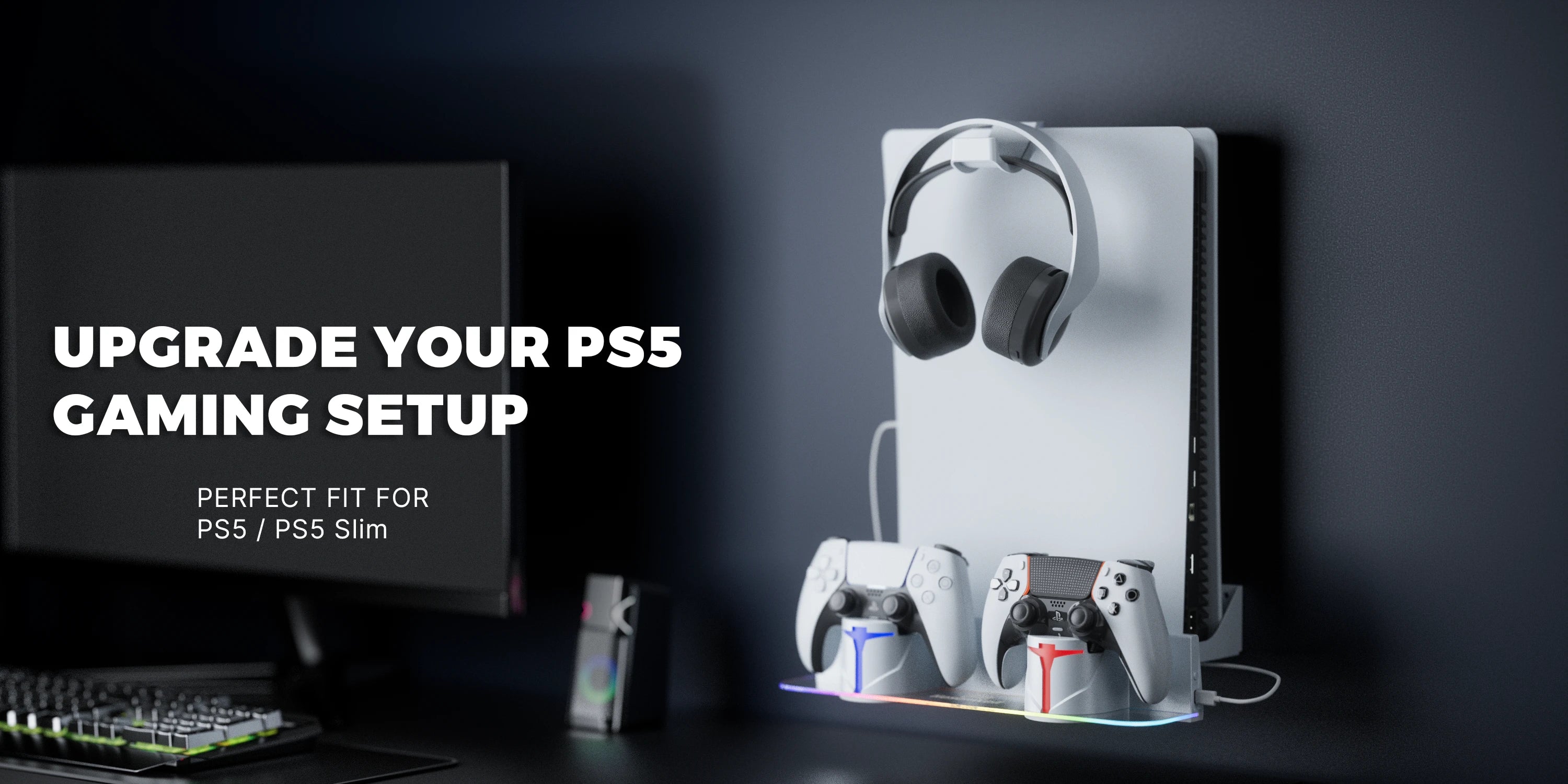 HOSANWELL PS5 wall mount with dual controller charging station for PS5 Slim and PS5 Pro setups