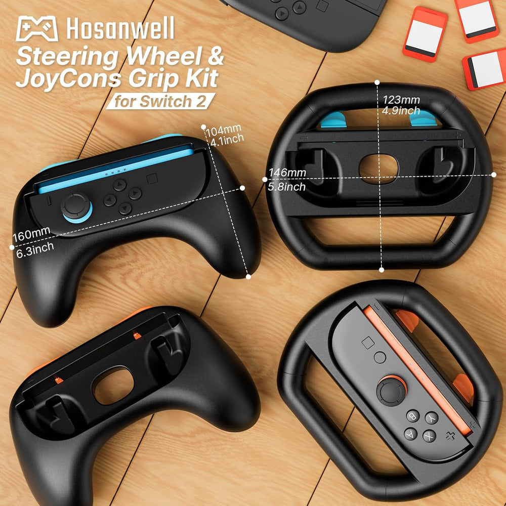 HOSANWELL black steering wheel and grip shells shown with four Joy-Con 2 controllers