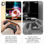 Joy-Con 2 in a steering wheel shell compared with a bare Joy-Con 2 during racing gameplay