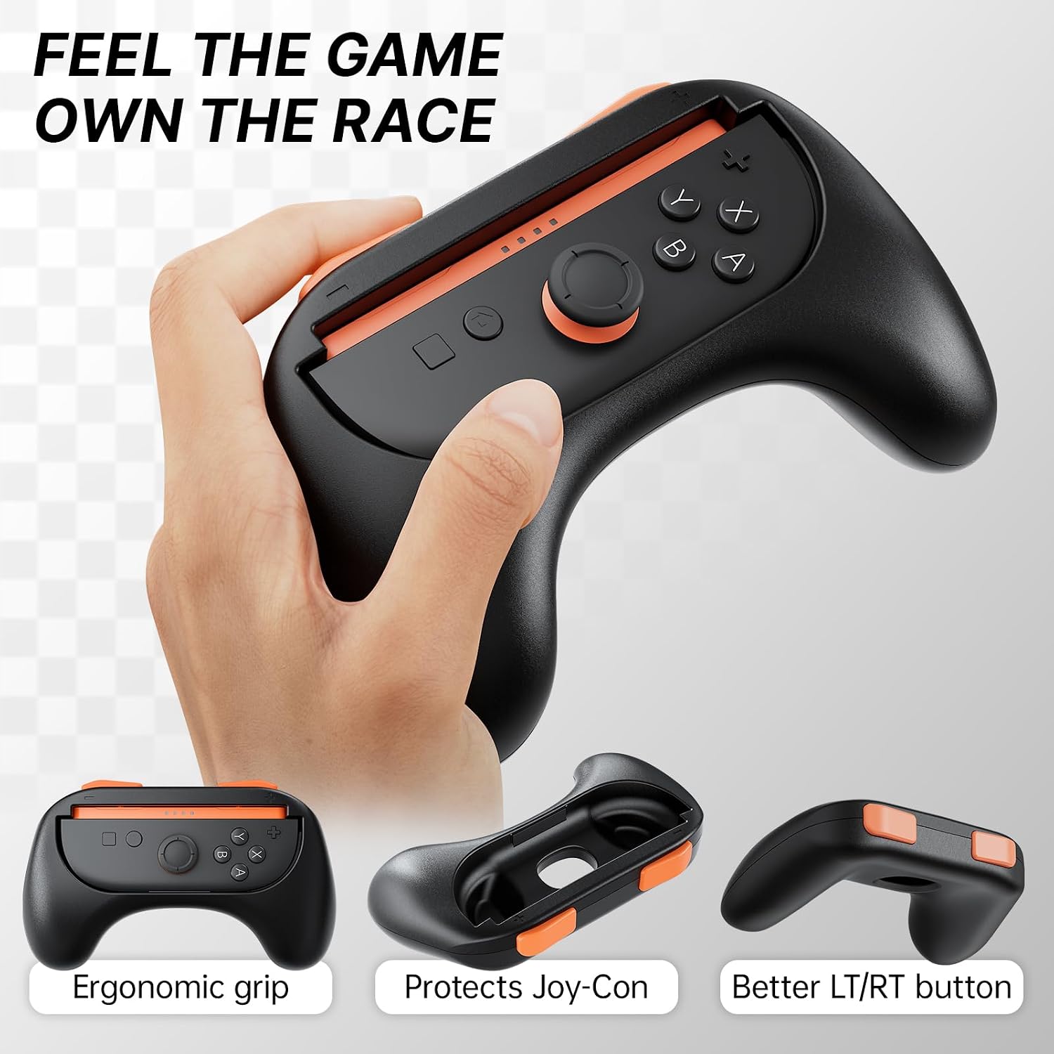 Right Joy-Con 2 fitted in a black ergonomic grip shell with raised shoulder buttons