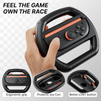Joy-Con 2 in an ergonomic grip shell compared with a bare Joy-Con 2 during action gameplay