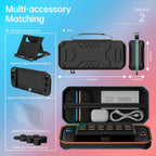 Nintendo Switch 2 accessories kit with carrying case dimensions, silicone cover, two screen protectors, eight thumb grips, and stand