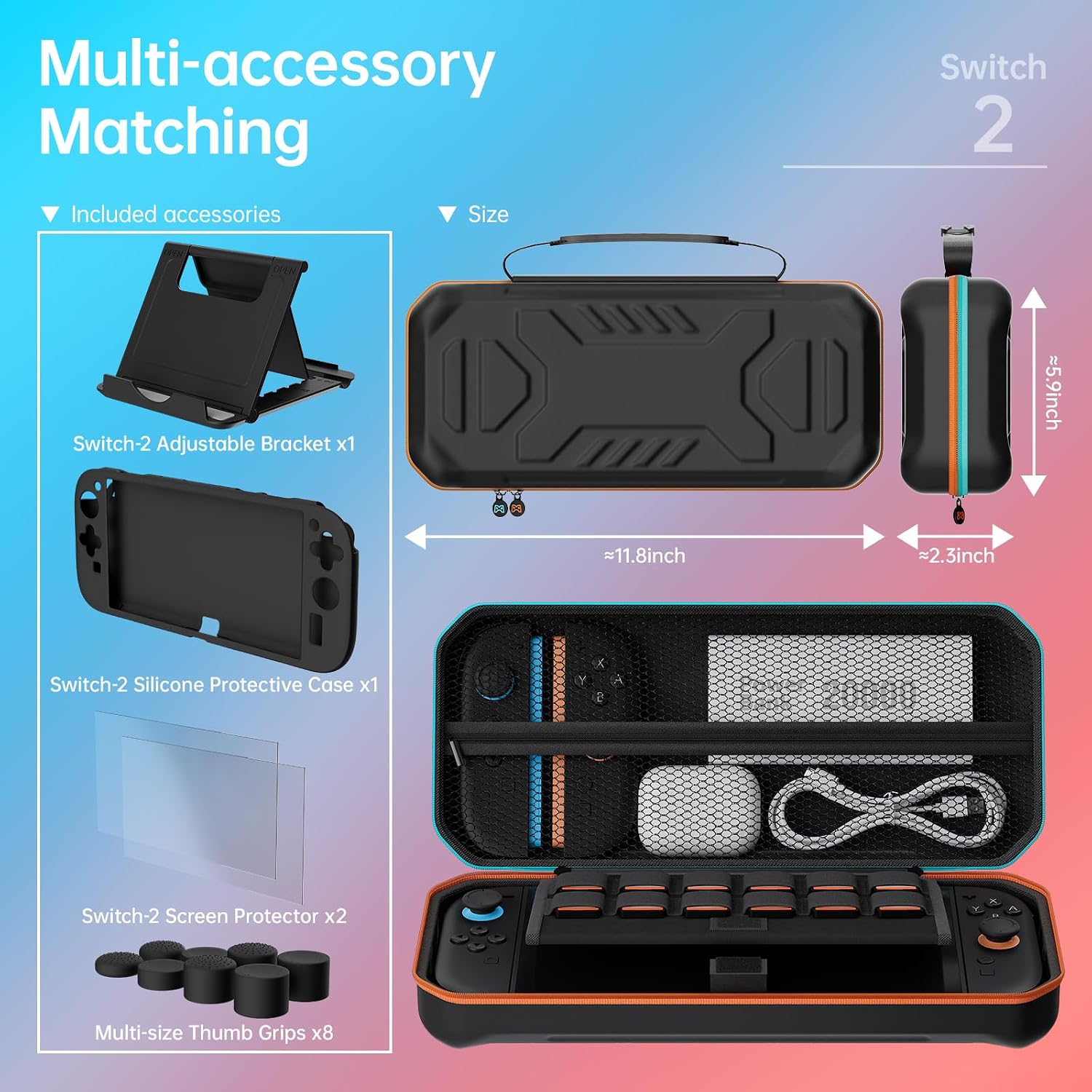 Nintendo Switch 2 accessories kit with carrying case dimensions, silicone cover, two screen protectors, eight thumb grips, and stand