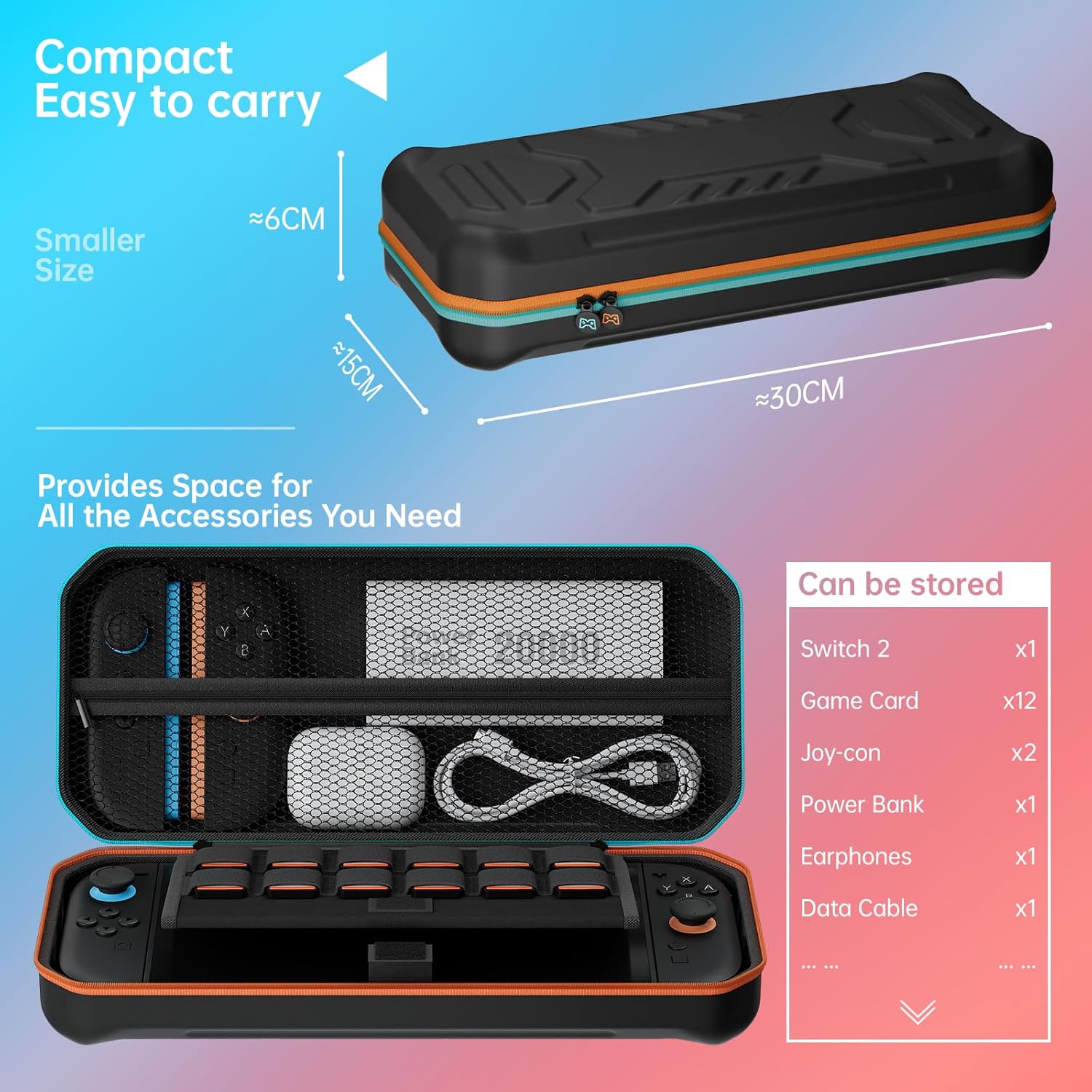 Nintendo Switch 2 carrying case measuring about 30 by 15 by 6 centimeters with 12 game card slots and accessory storage