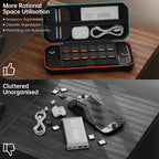 Open Nintendo Switch 2 carrying case with game card slots and mesh accessory pocket beside a cluttered tabletop comparison