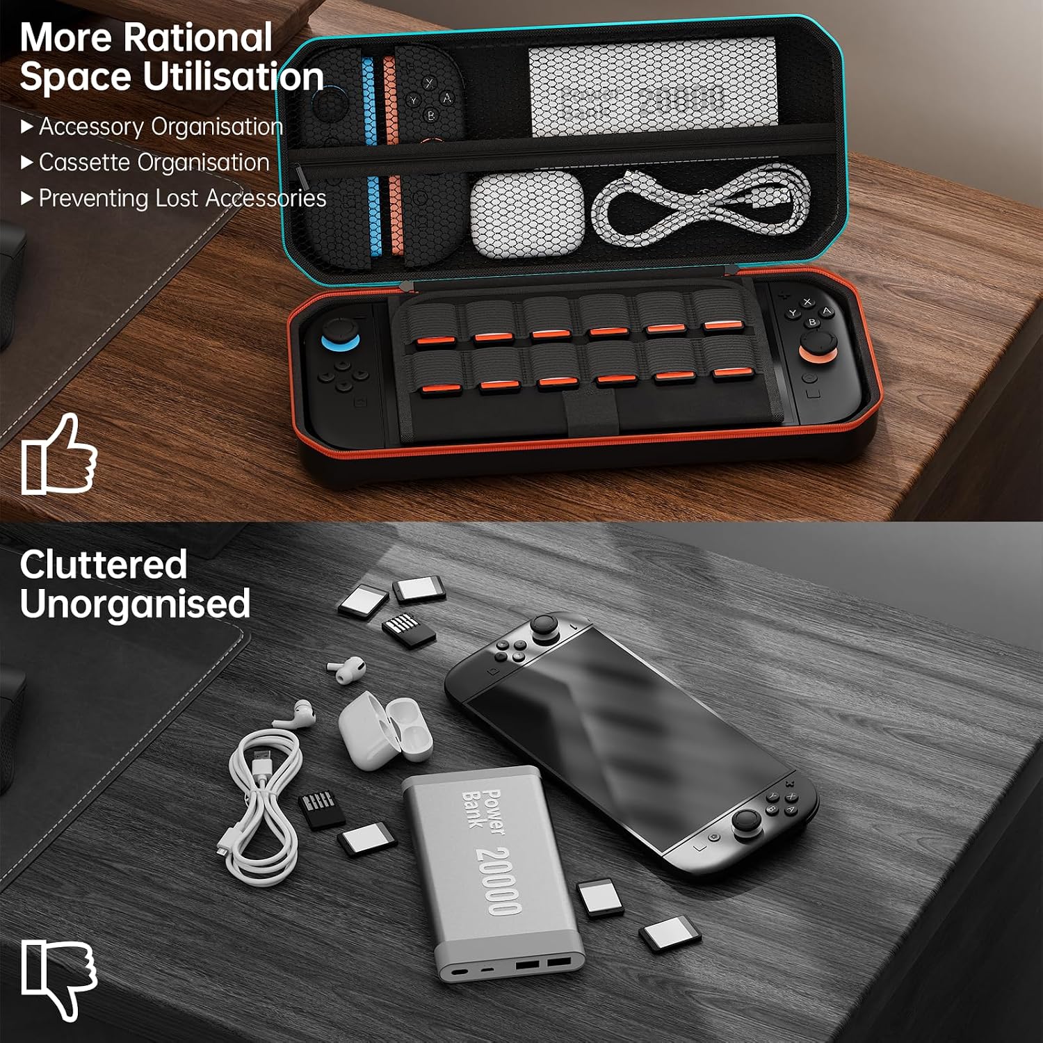 Open Nintendo Switch 2 carrying case with game card slots and mesh accessory pocket beside a cluttered tabletop comparison