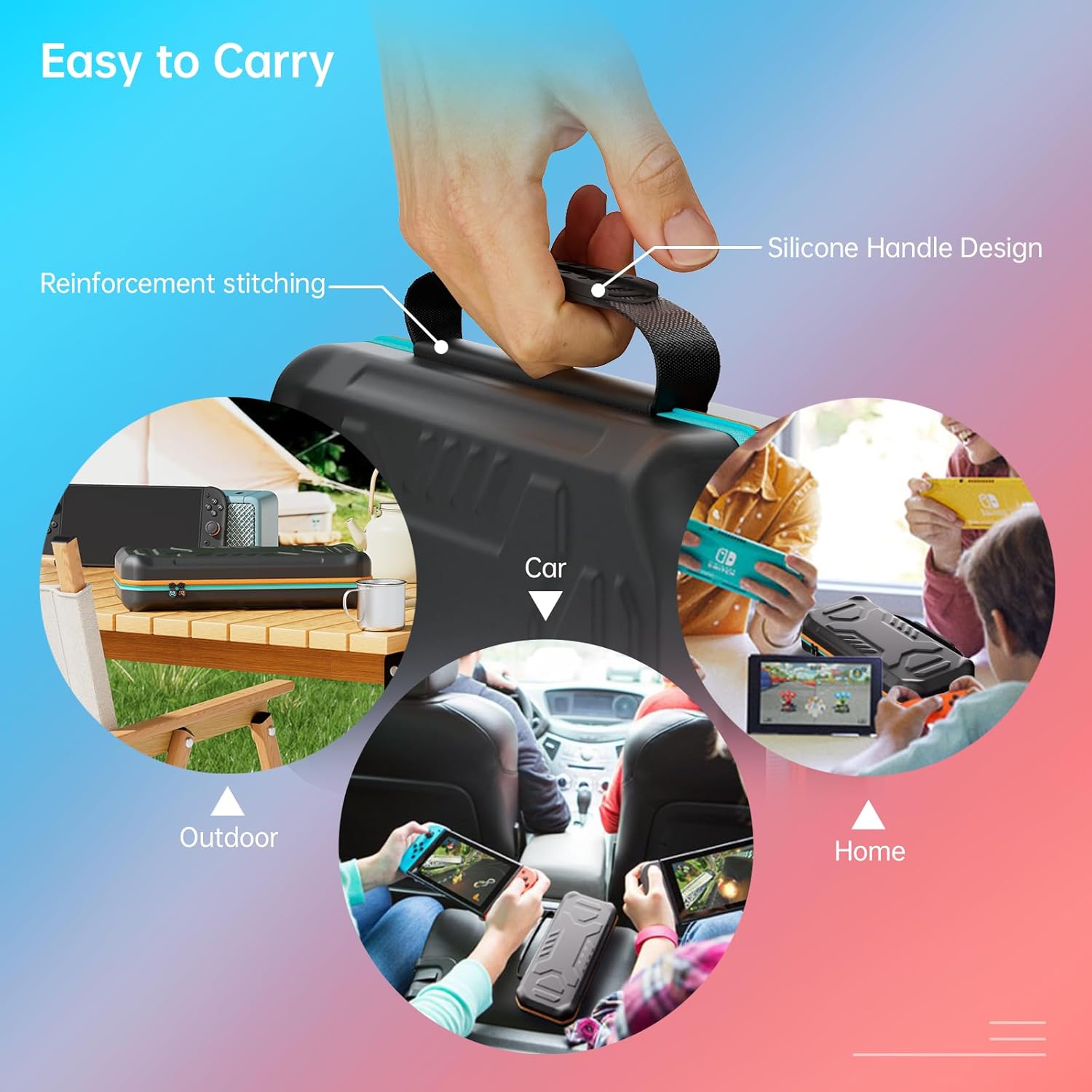 Nintendo Switch 2 carrying case with reinforced carry handle for use at home, in the car, and during outdoor travel