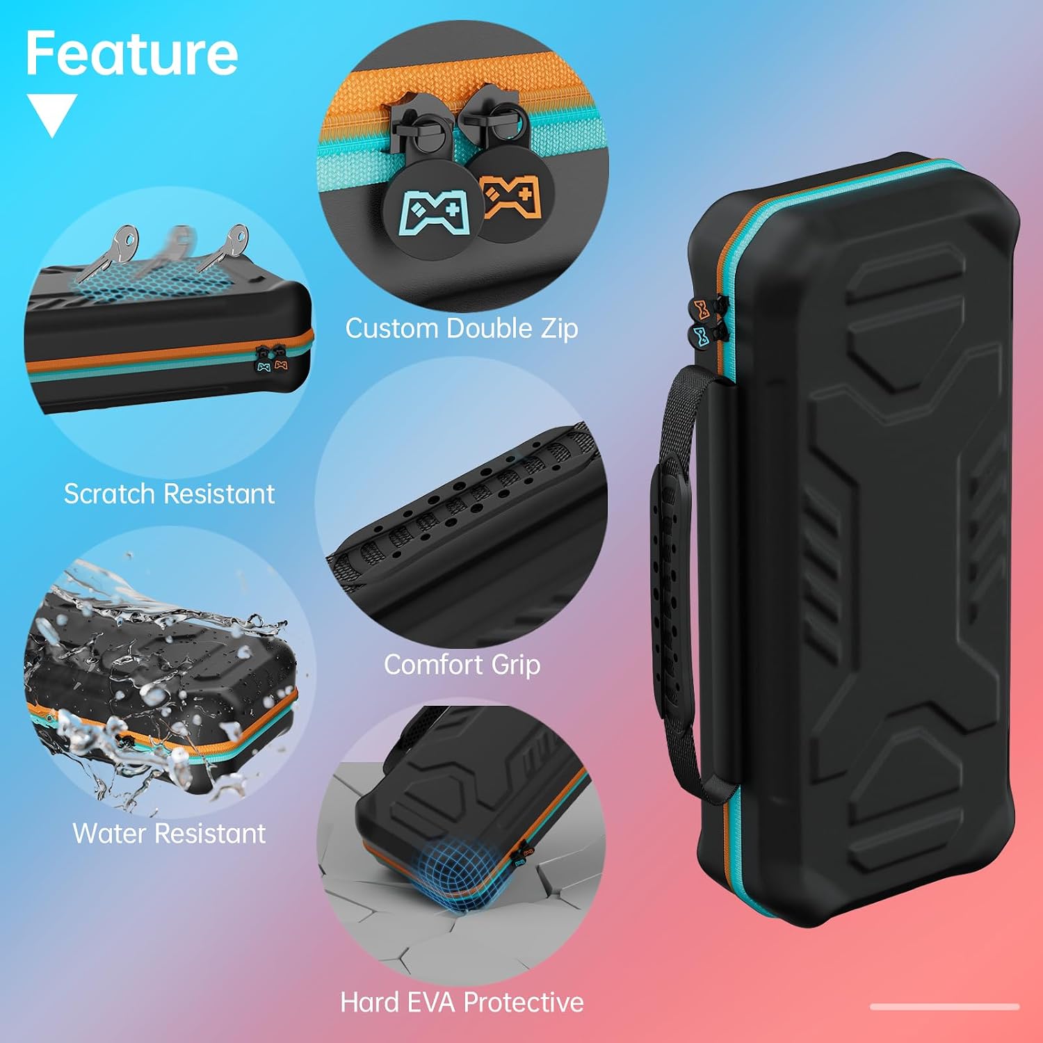 Hard EVA carrying case for Nintendo Switch 2 with dual zippers, reinforced shell, water-resistant exterior, and carry handle