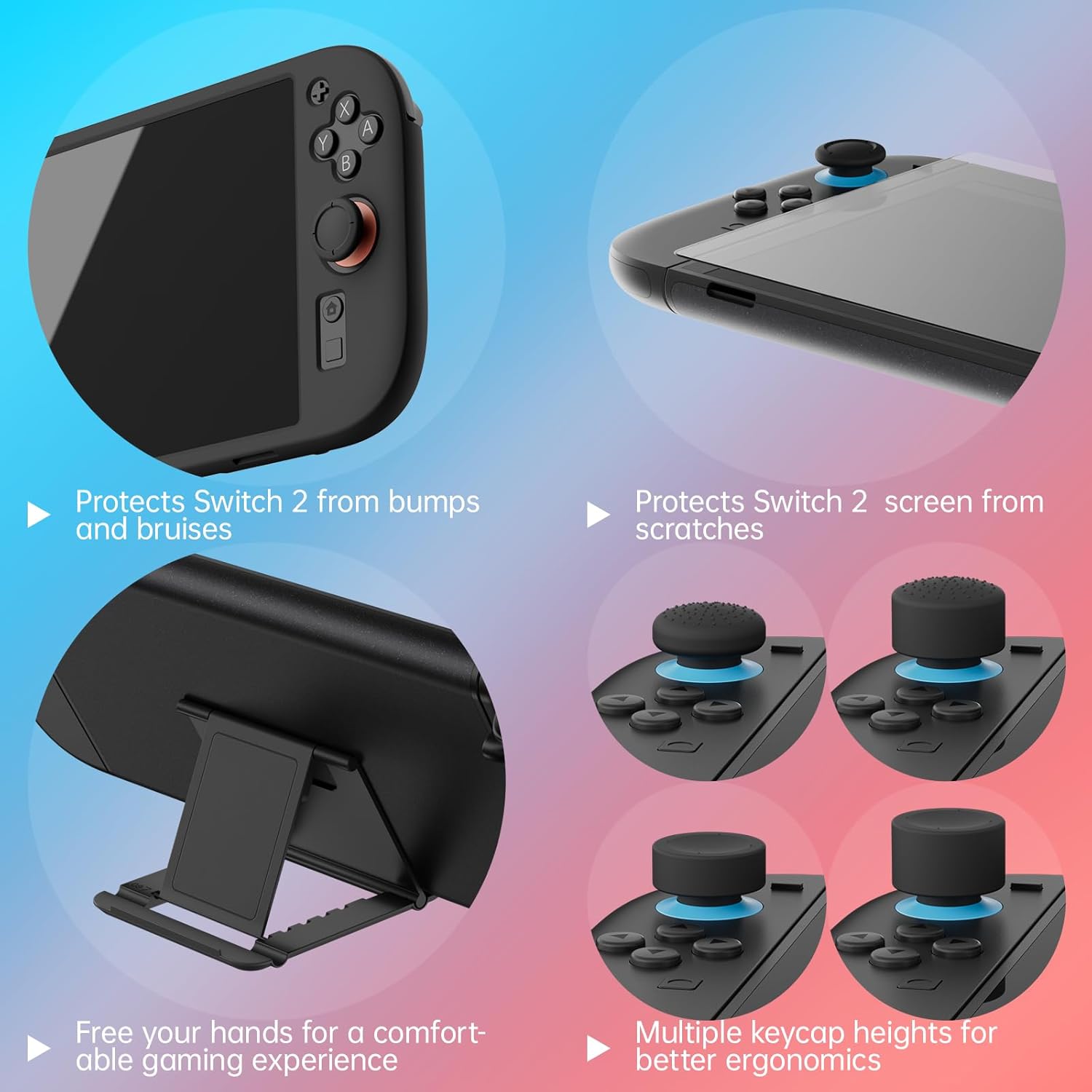 Nintendo Switch 2 silicone cover, tempered-glass screen protector, adjustable stand, and four thumb grip heights