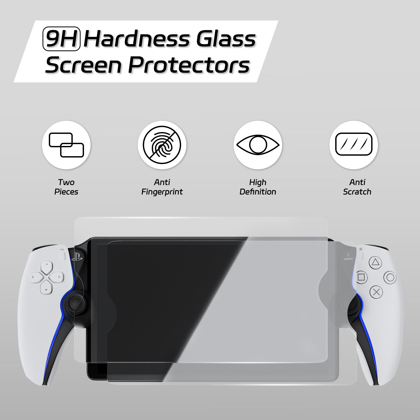 Two 9H glass screen protectors for PlayStation Portal with anti-fingerprint and scratch-resistant features