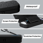 Black PlayStation Portal carrying case showing water droplets, padded screen flap and scratch-resistant exterior