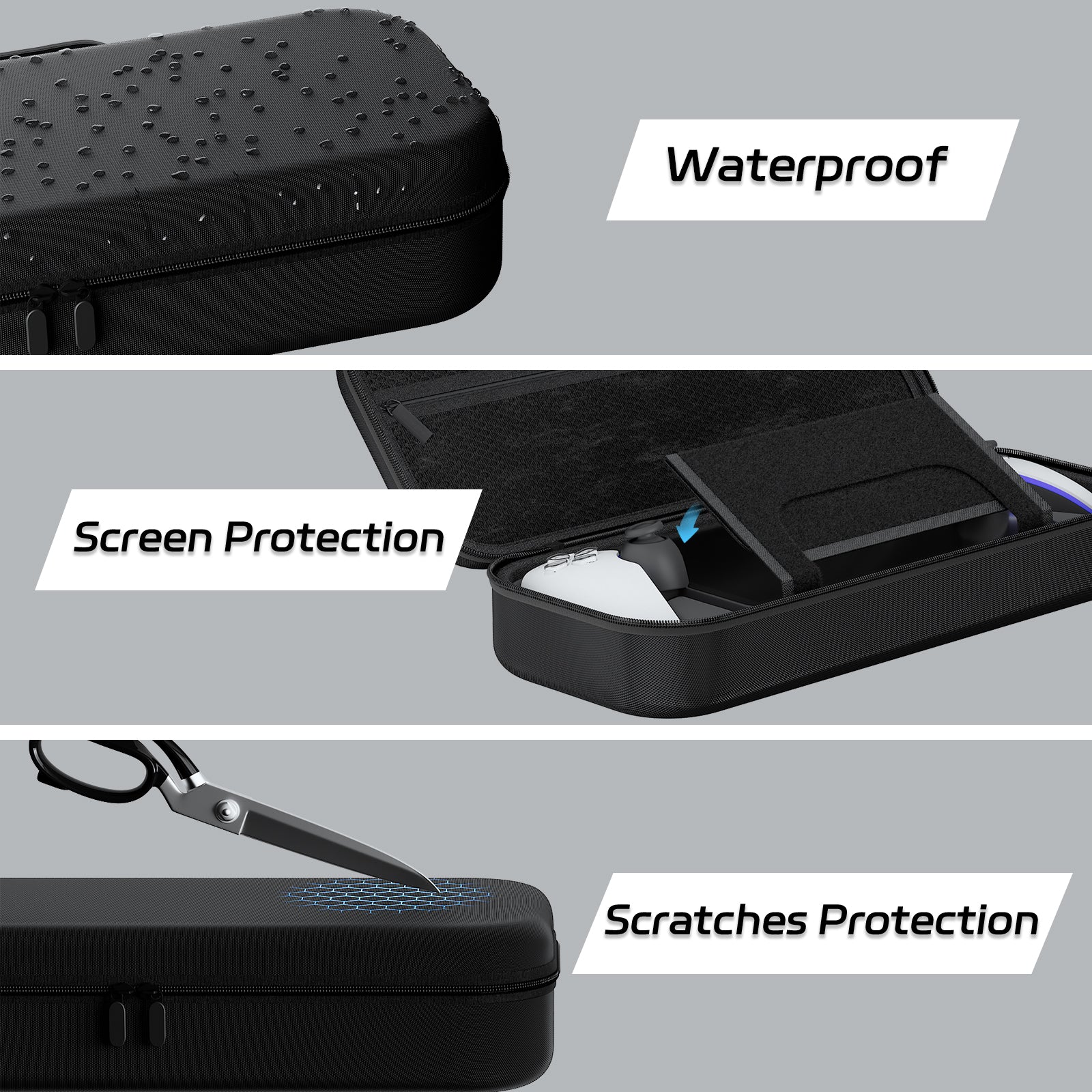 Black PlayStation Portal carrying case showing water droplets, padded screen flap and scratch-resistant exterior