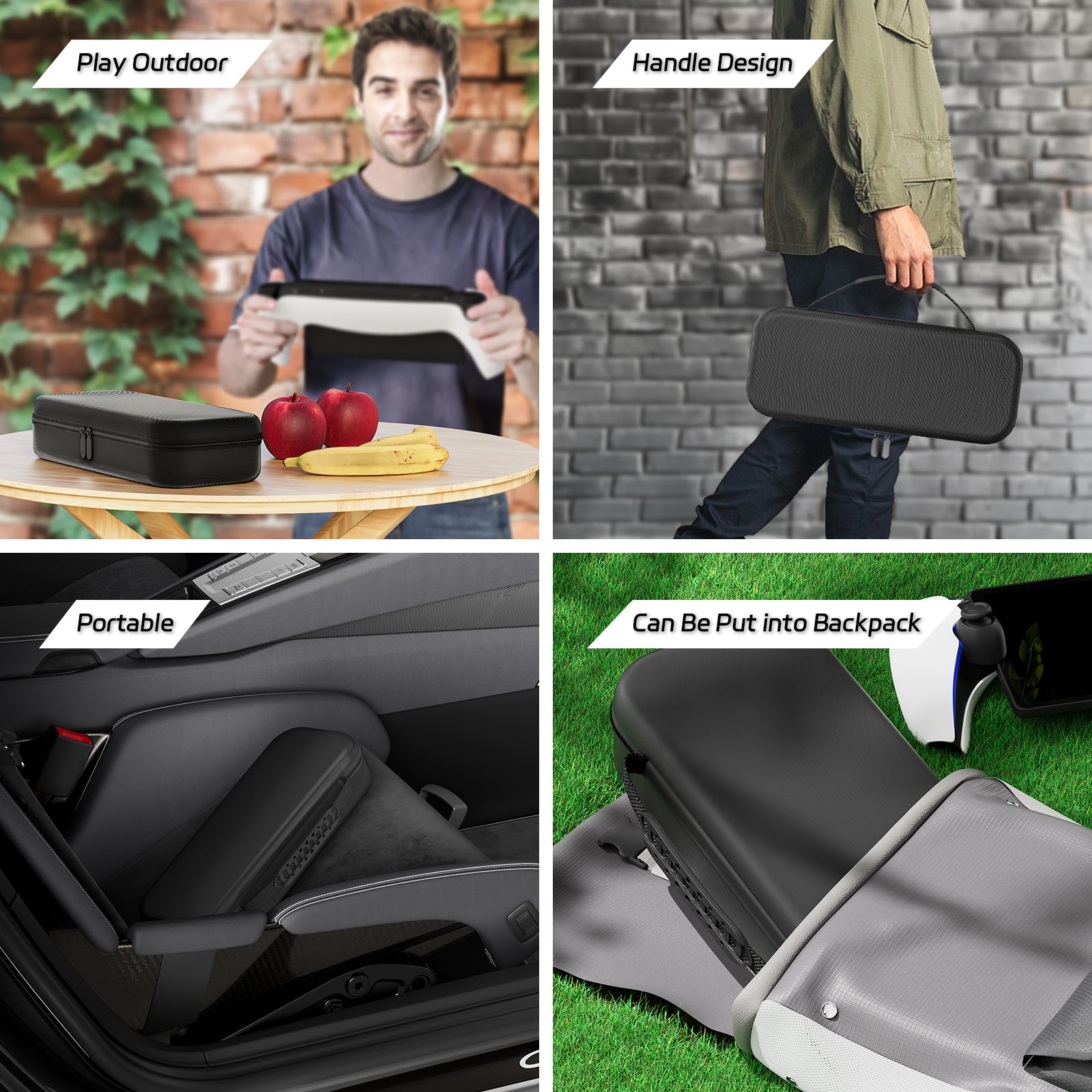 PlayStation Portal carrying case with handle shown outdoors, in a car and inside a backpack