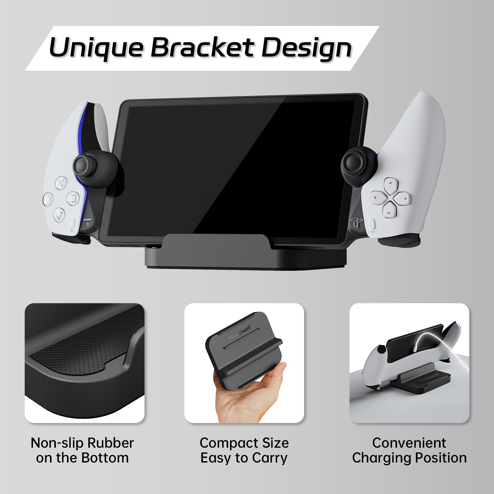 Compact PlayStation Portal desktop stand with non-slip base and rear charging-port access