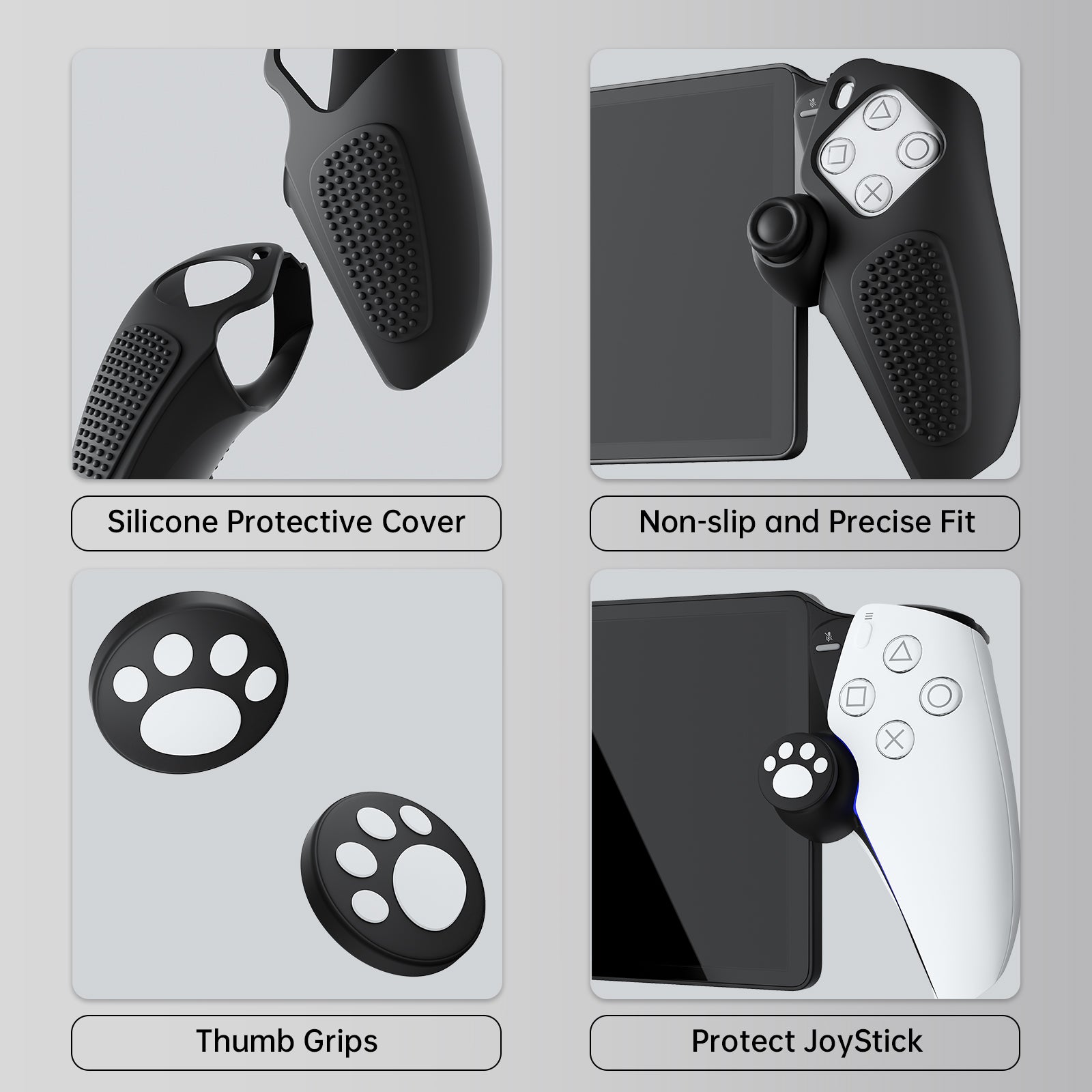 Two silicone grip covers and two paw-print thumb grips fitted to PlayStation Portal controls