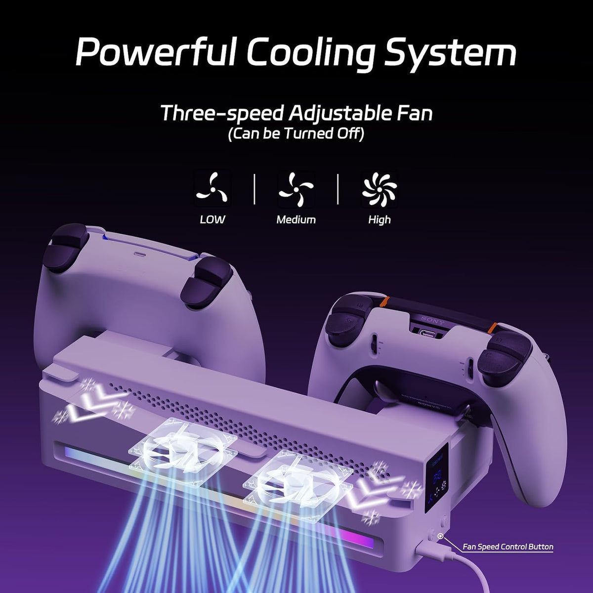 PS5 Slim and PS5 Pro horizontal stand with dual cooling fans and three adjustable fan speeds