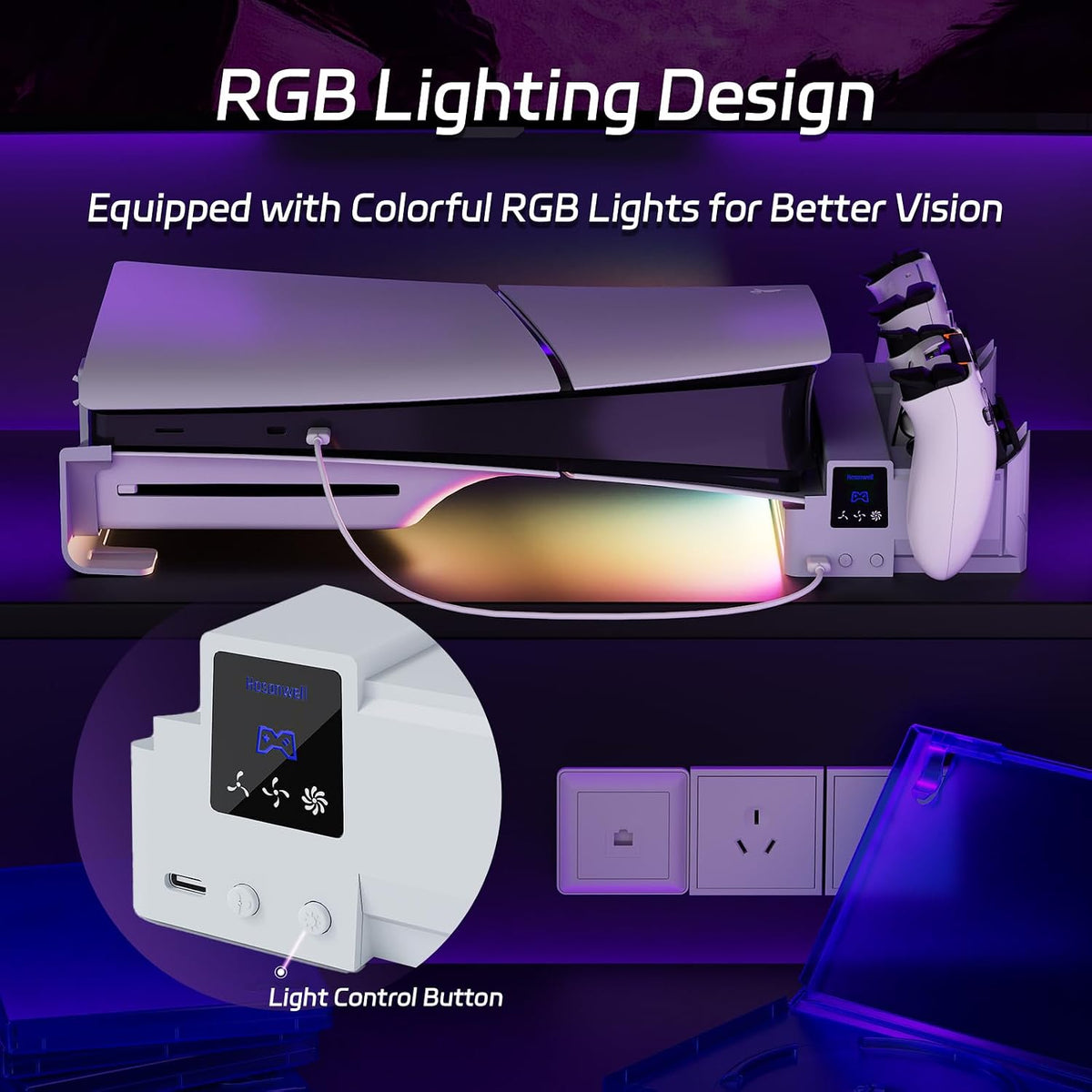 PS5 Slim and PS5 Pro horizontal stand with colorful RGB lighting and light control button