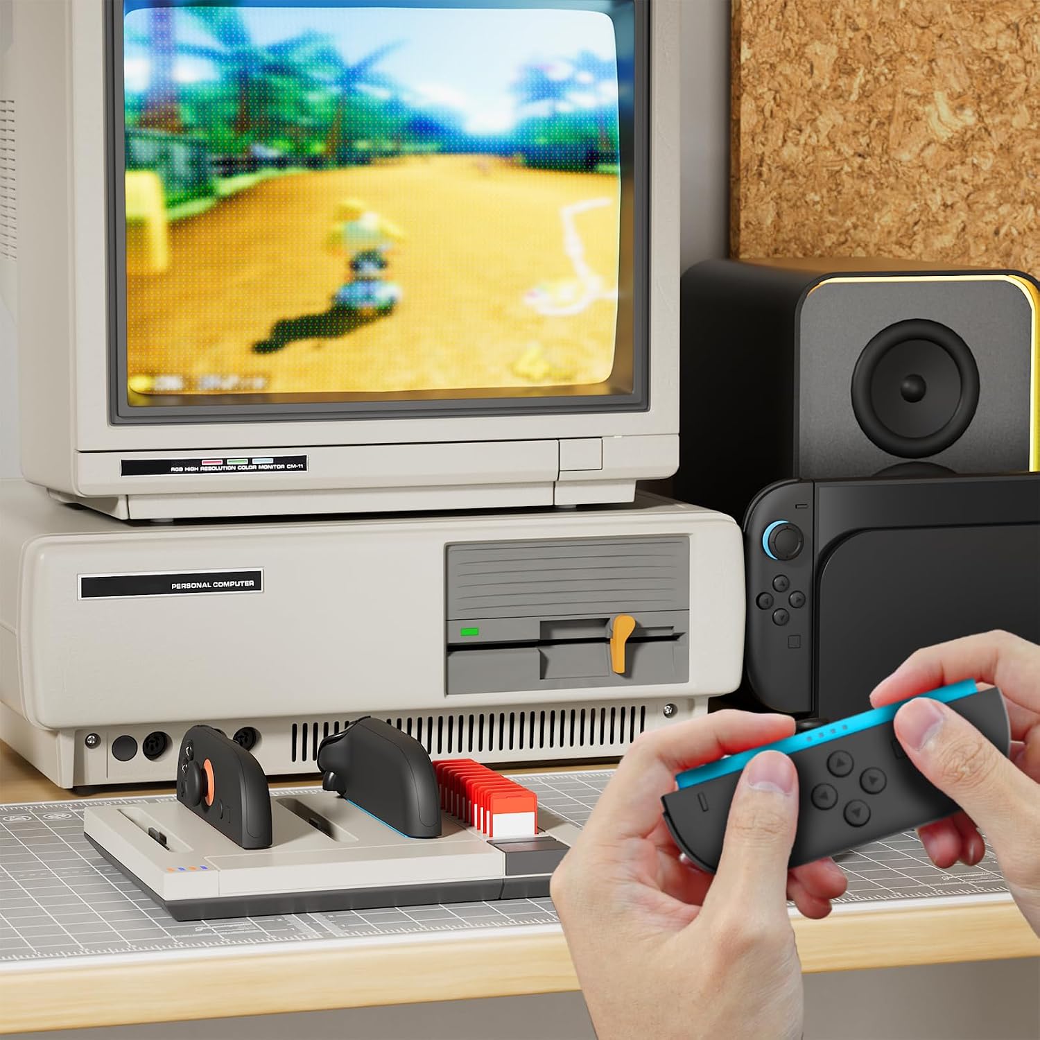 Joy-Con 2 controllers charging beside a retro gaming setup