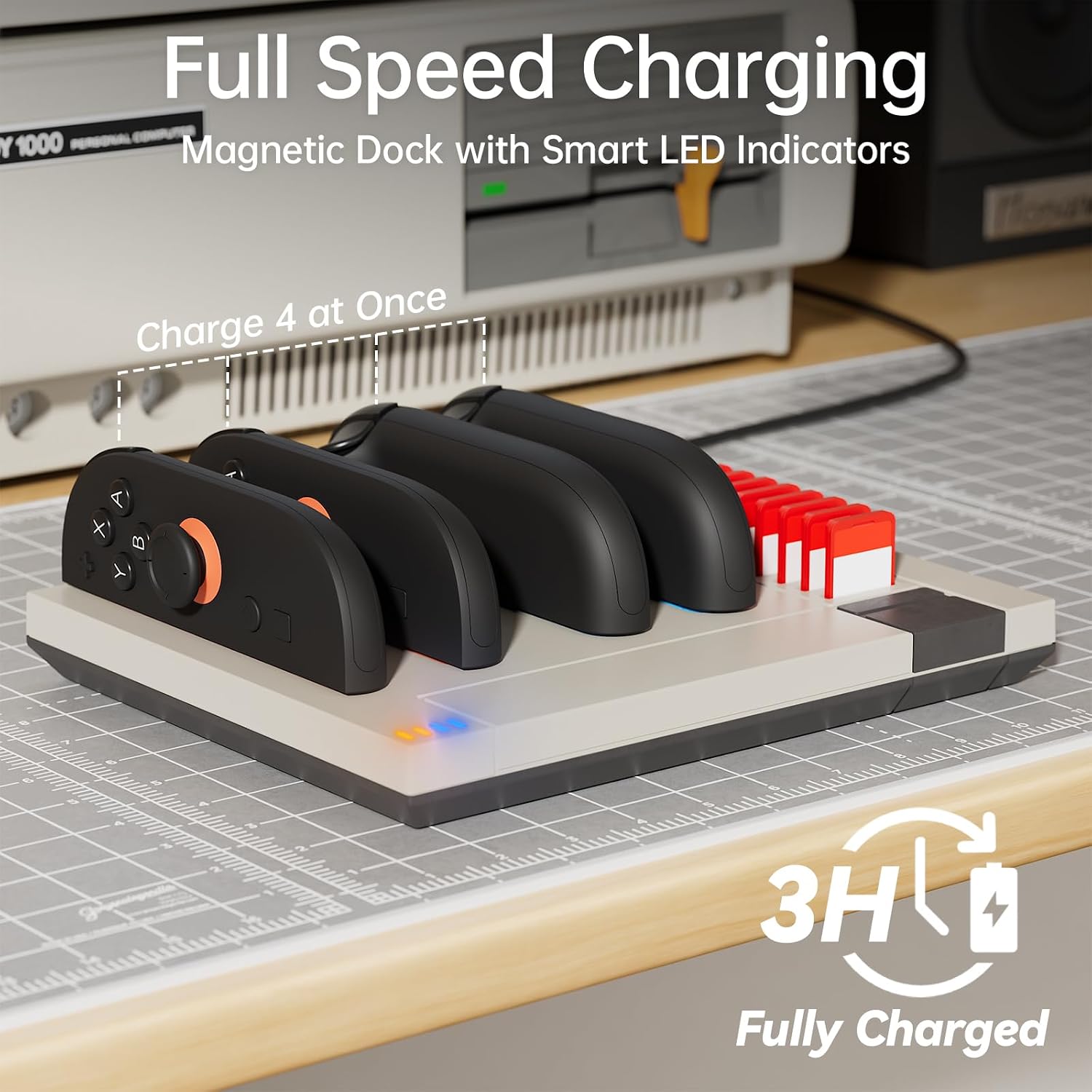 HOSANWELL dock charging four Joy-Con 2 controllers with LED status indicators