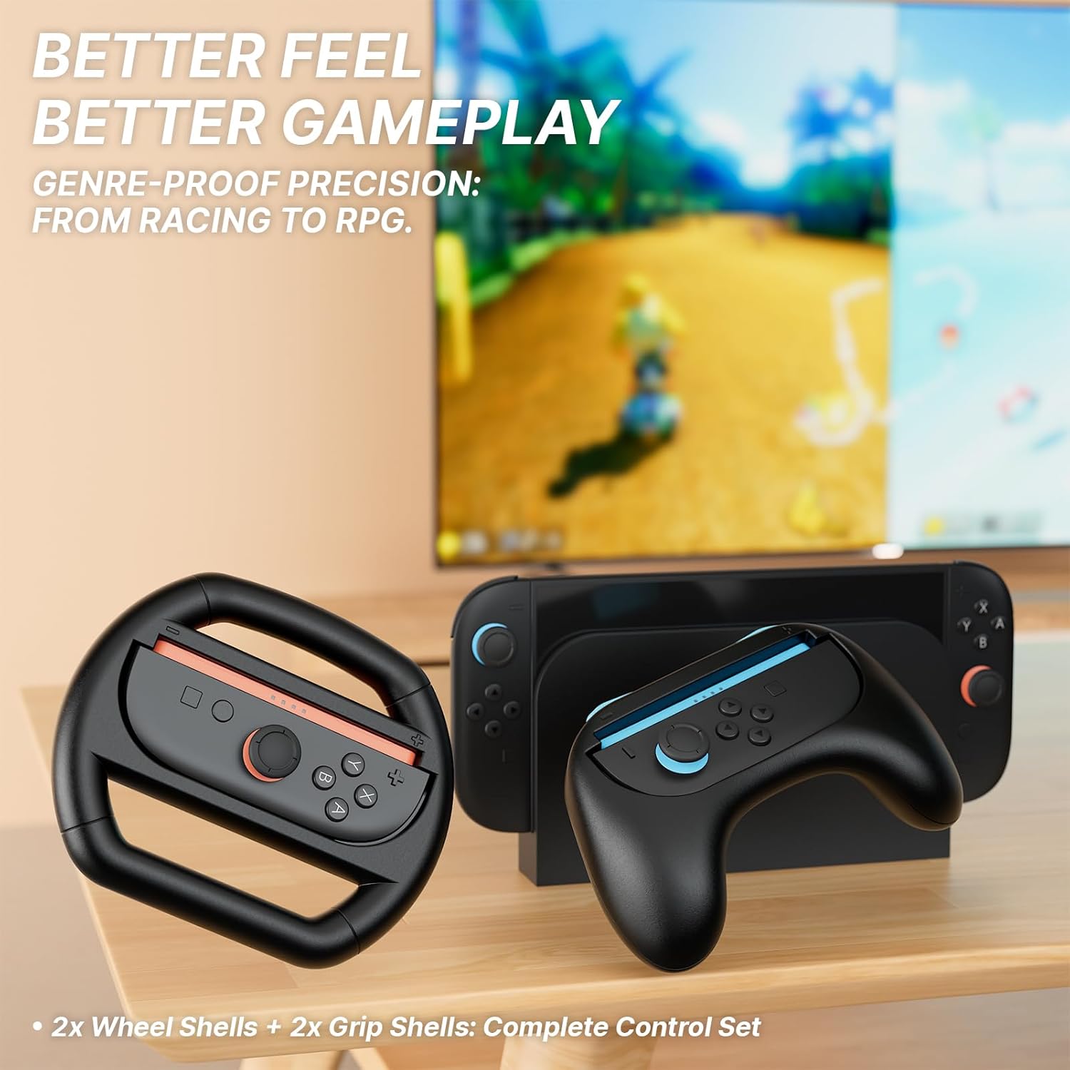 Right Joy-Con 2 fitted in a black steering wheel shell with raised shoulder buttons
